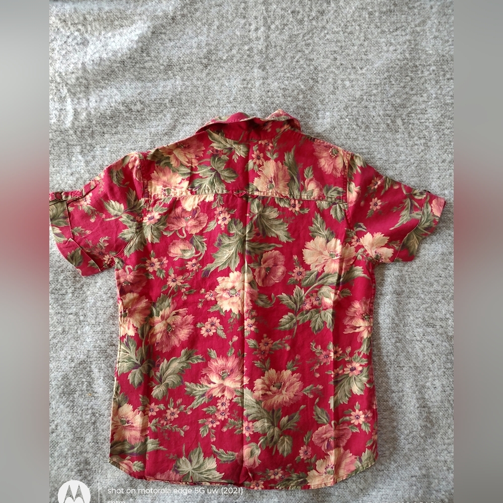 Lauren Ralph Lauren Floral Red Short Sleeve Shirt Linen Medium - Picture 4 of 5